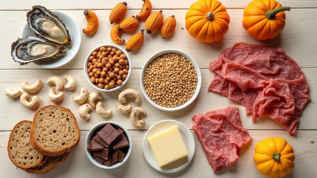Étal d’aliments riches en zinc : huîtres, viande, graines de courge, légumineuses